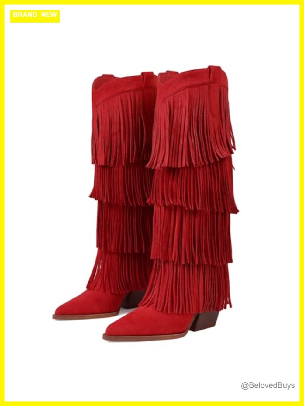 Fringe Knee High Western Cowboy Boots Chunky Heel Pointed Toe Pull On Wide Calf